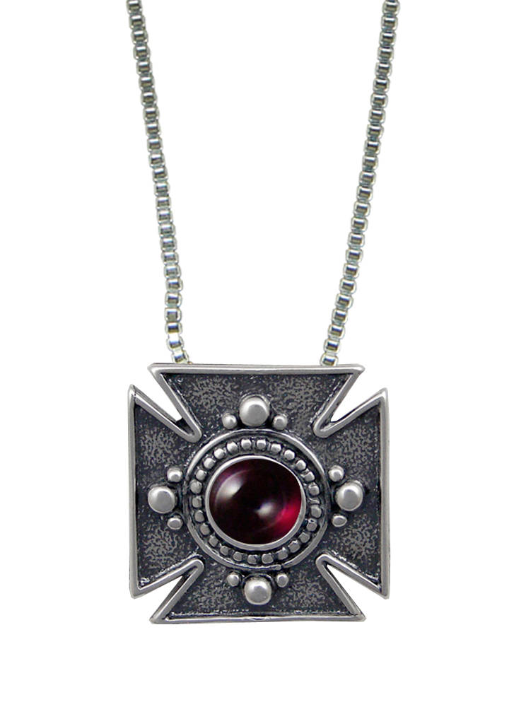 Sterling Silver Iron Cross Pendant Necklace With Garnet